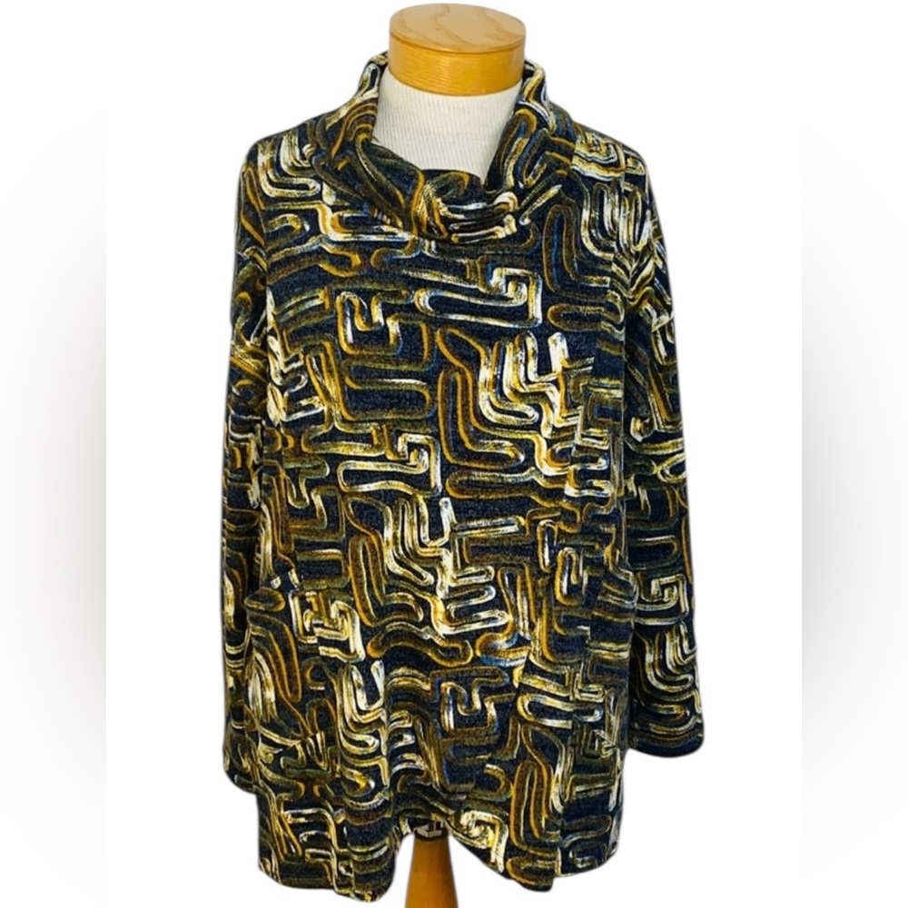 Aryeh Small Soft, Cowl Neck Knit Abstract, 70s print Top Hippie Retro Boho